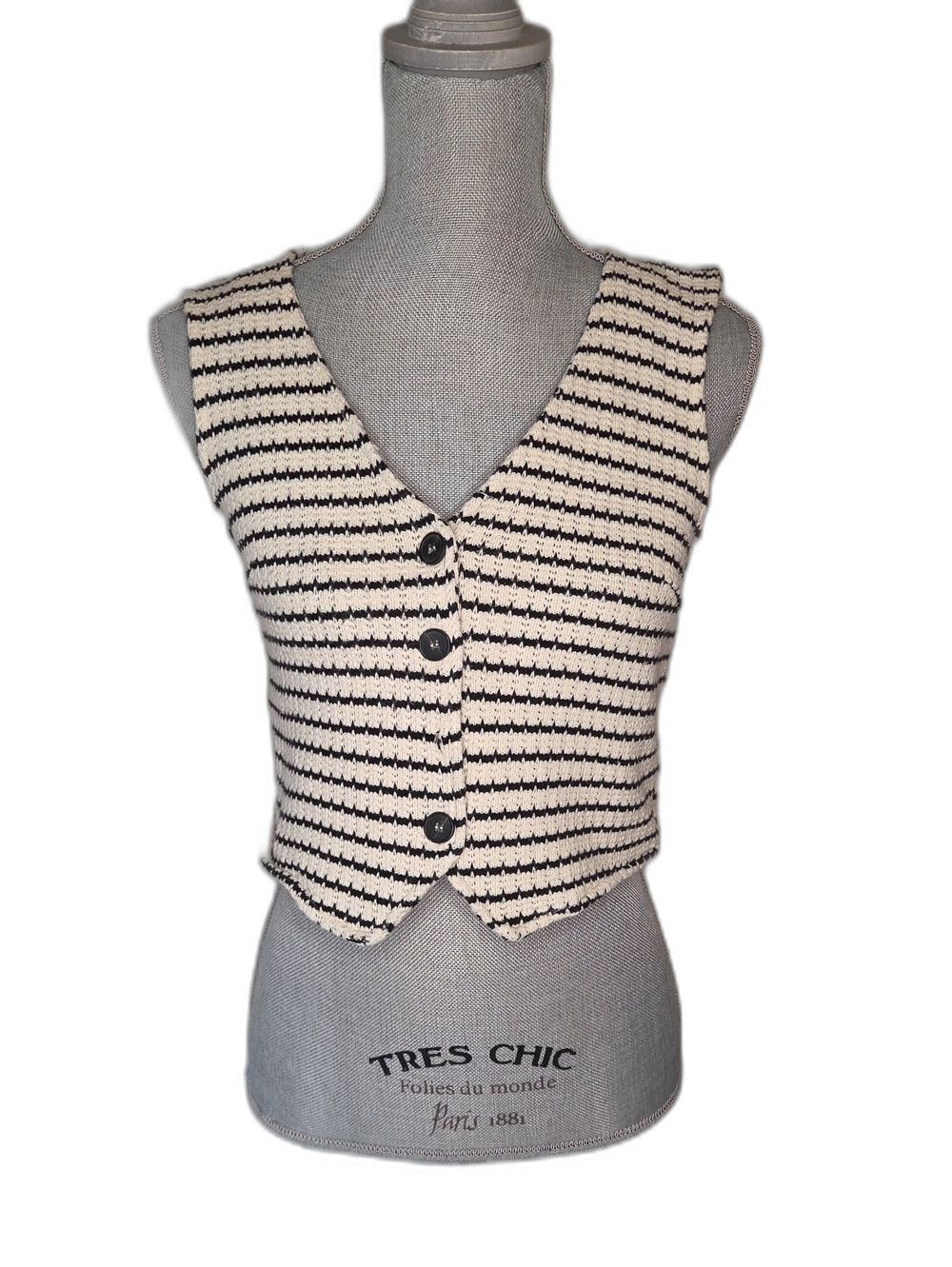 MNG Black & Cream Striped Knit Button Vest